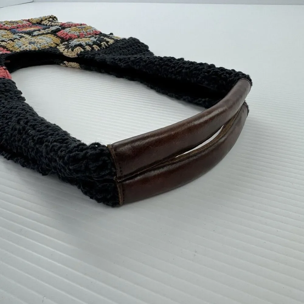 Free People Granny Square Crochet Tote Bag Black Multi Boho Leather Handle NWOT
